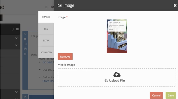 Magento media upload page with drag-and-drop upload feature.