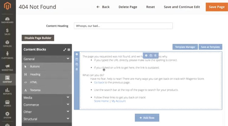 Magento screen to edit a page with fields to edit heading and body copy and content blocks the user can add.