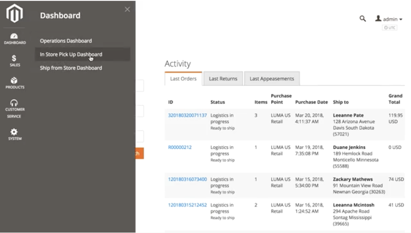 Magento inventory management functionality showing information on ID, status, purchase point, shipment address, etc.