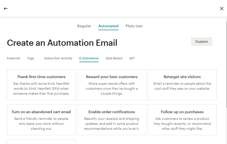 Mailchimp automation screen with options including thank you responders, retargeting emails, abandoned cart emails, and purchase follow-ups.
