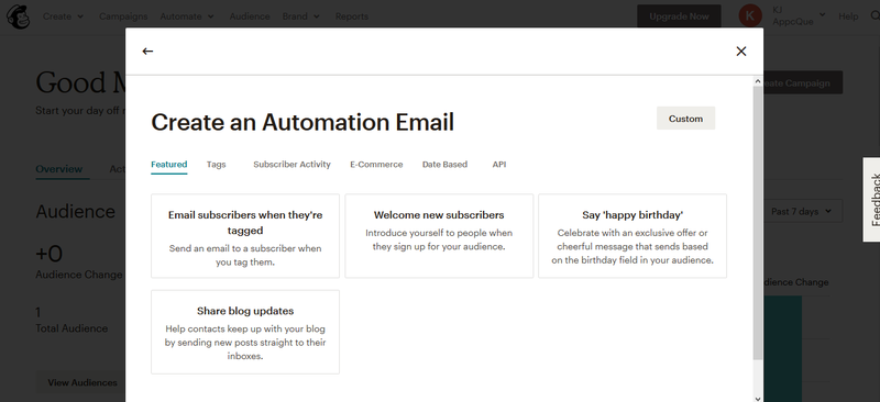 Mailchimp popup screen to select an automation template based off of different triggers.