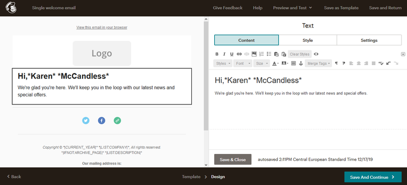 Mailchimp email design window with email preview on the left-hand side and editor on the right.