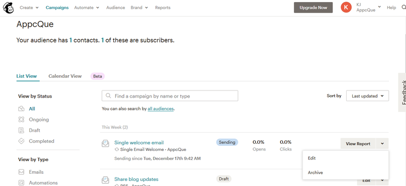 Mailchimp campaigns dashboard showing all campaigns in a list and an option to edit a created campaign.
