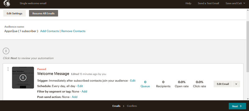 Mailchimp automation editing screen with options to edit trigger, schedule, segment, etc.