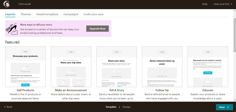 Mailchimp email layout dashboard with 5 template options