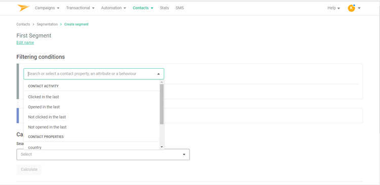 Mailjet simple segmentation feature with drop down menu options to set criteria.