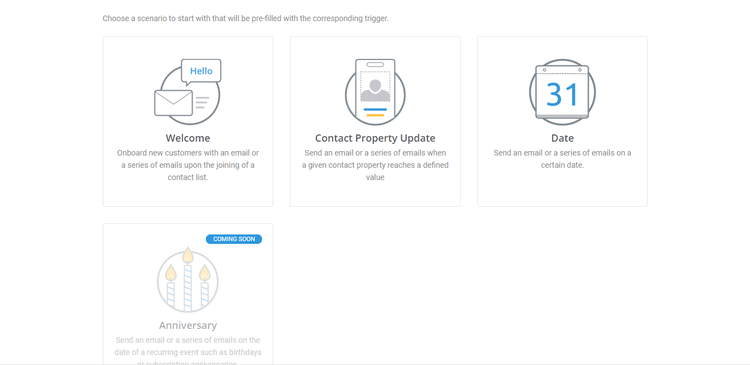 Mailjet pre-set autoresponder options include a welcome email, contact update, date, and anniversary