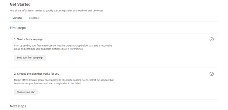 Mailjet getting started page with 2 first steps, to send a test campaign and to pick a plan that works for you goals and pricing options