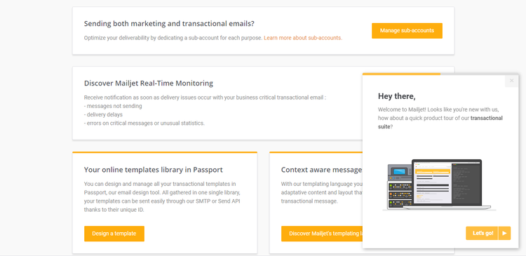 Mailjet site pop up in lower left corner offering help with navigating features you haven't used yet