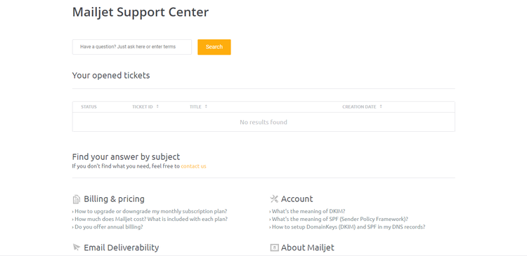 Mailjet help center where you can fill out a simple form to open a ticket