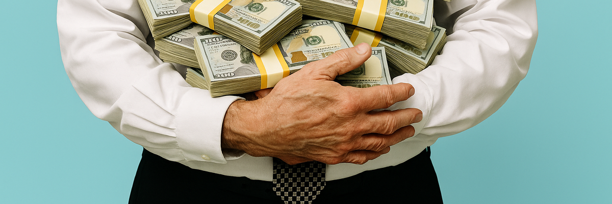 Man in suit holding multiple stacks of money against light blue bakground.