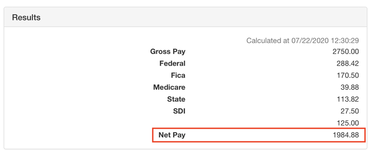 OnPay’s payroll calculator shows payroll deductions for Gertrude’s paycheck, and net pay is boxed in red.