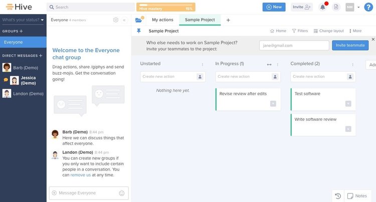 Hive dashboard showing groups, live chat, and project overviews.