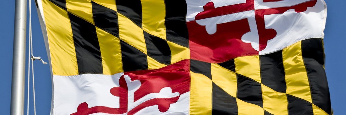 The Maryland state flag waving in the breeze.