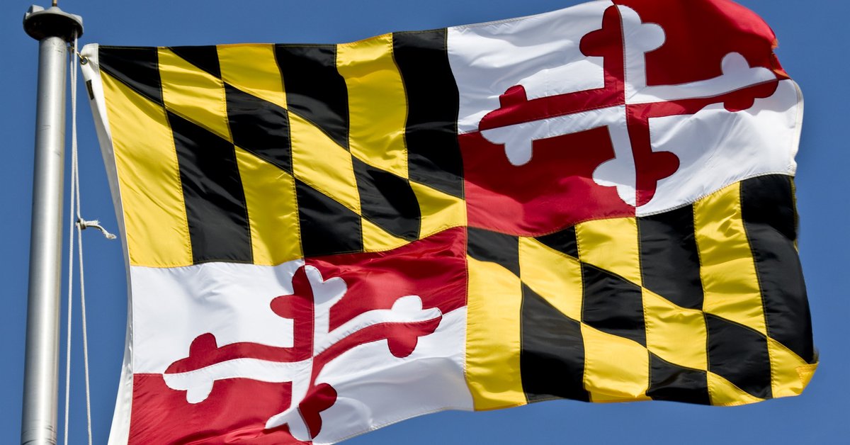 The Maryland state flag waving in the breeze.