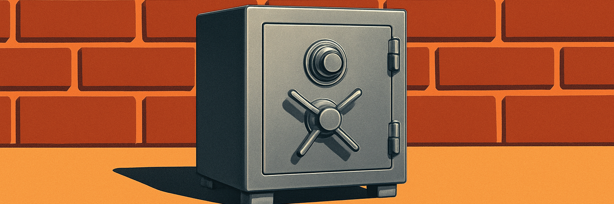 Metal bank safe in front of a brick wall background.