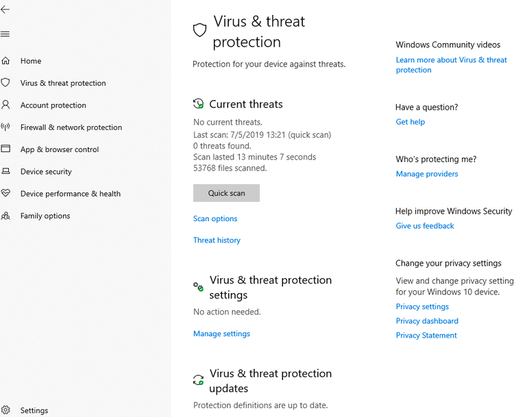 Microsoft Defender Antivirus riassume il numero di minacce rilevate e la data dell'ultima scansione in un'interfaccia di facile comprensione