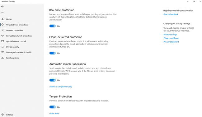 หน้าจอการตั้งค่าแสดงตัวเลือกความปลอดภัยหลายตัวที่มีอยู่ใน Microsoft Defender Antivirus