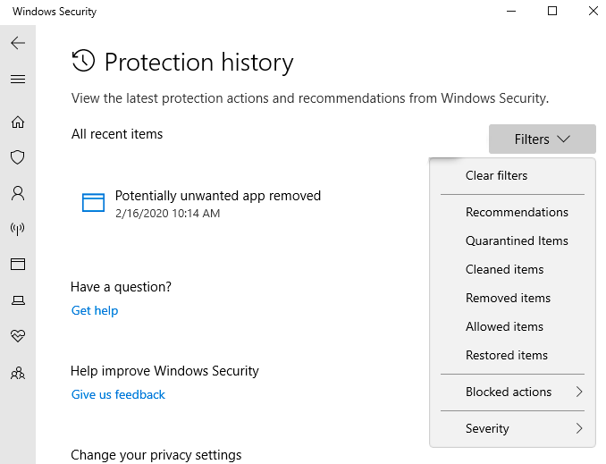 La schermata della cronologia della protezione mostra un elenco di azioni intraprese per proteggere il tuo PC