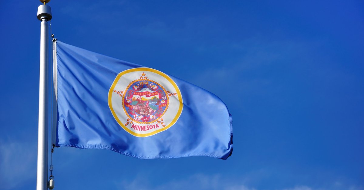 The Minnesota state flag waving in front of a blue sky.