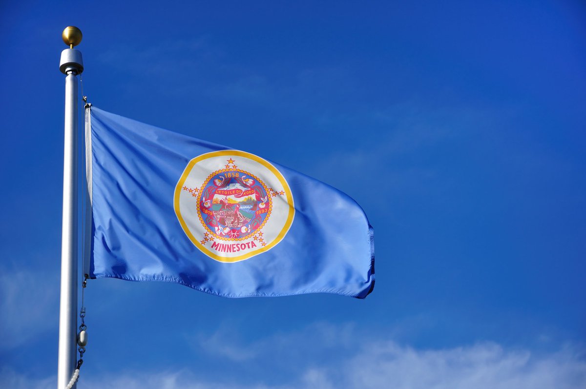 The Minnesota state flag waving in front of a blue sky.