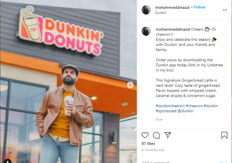 Picture of Instagram collaboration between Mohammed Al Nazal and Dunkin' Donuts.