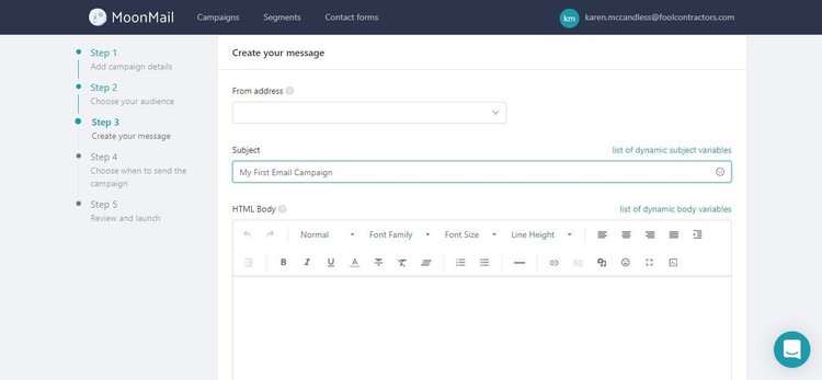 MoonMail email editor with field for from address, subject and HTML body