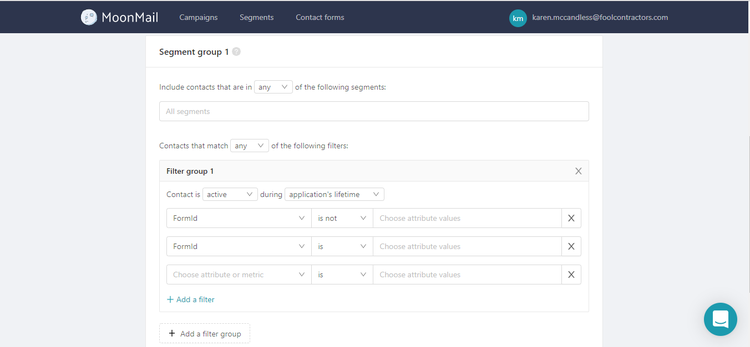 MoonMail segment feature with fields to omit recipients based on a drop down menu of options