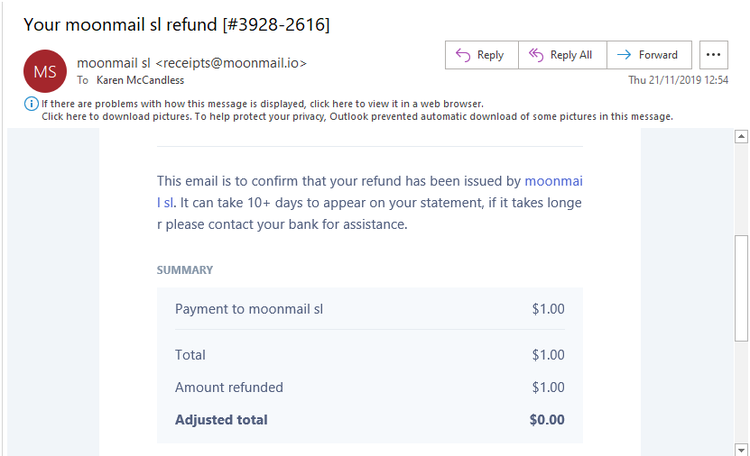 MoonMail email receipt for $1 charge when you sign up