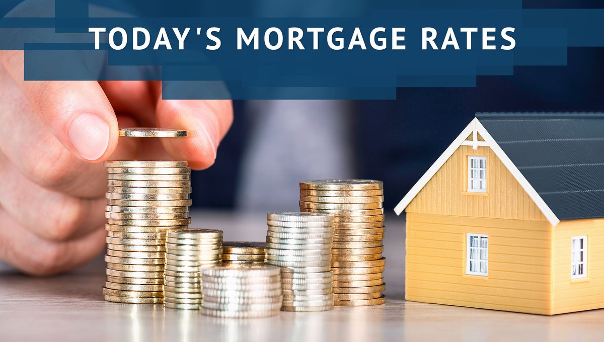 Hand piling stacks of coins next to model home with Today's Mortgage Rates graphic.