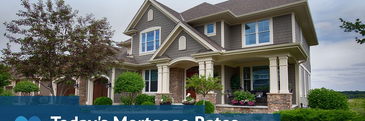 Large, modern-style home with Today's Mortgage Rates graphic.