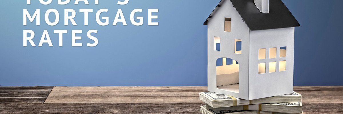 Hollow model home on top of stacks of cash with Today's Mortgage Rates graphic.