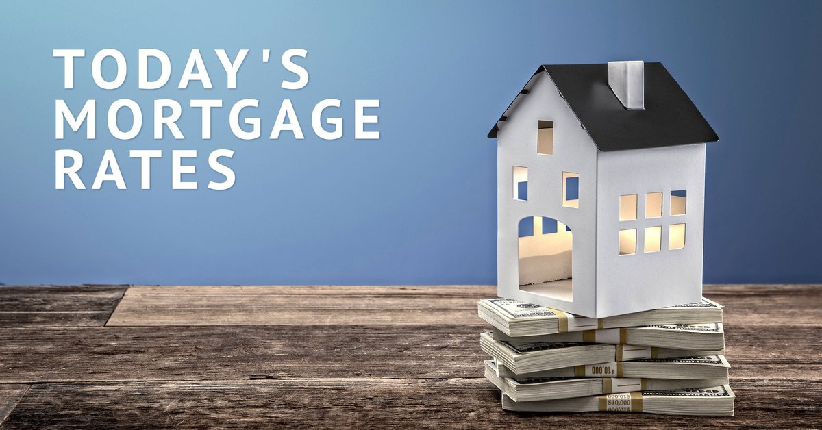 Hollow model home on top of stacks of cash with Today's Mortgage Rates graphic.