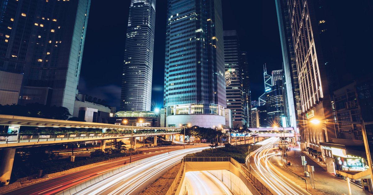 Bright city lights at nighttime.