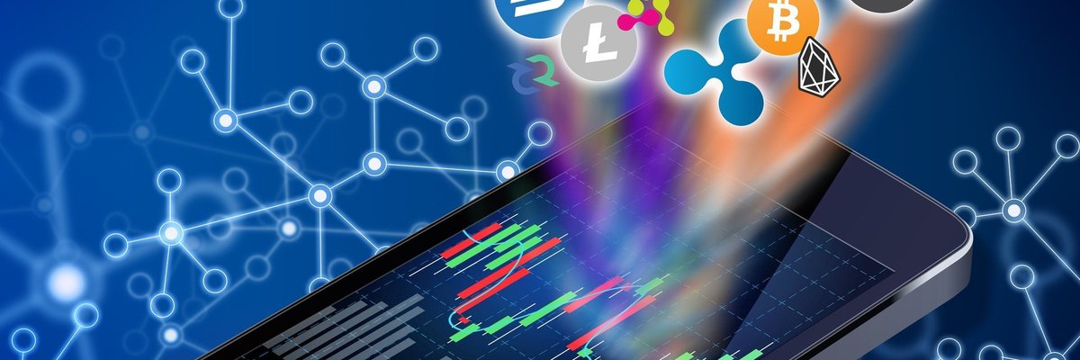 Multiple cryptocurrency logos emerging from a smartphone screen.