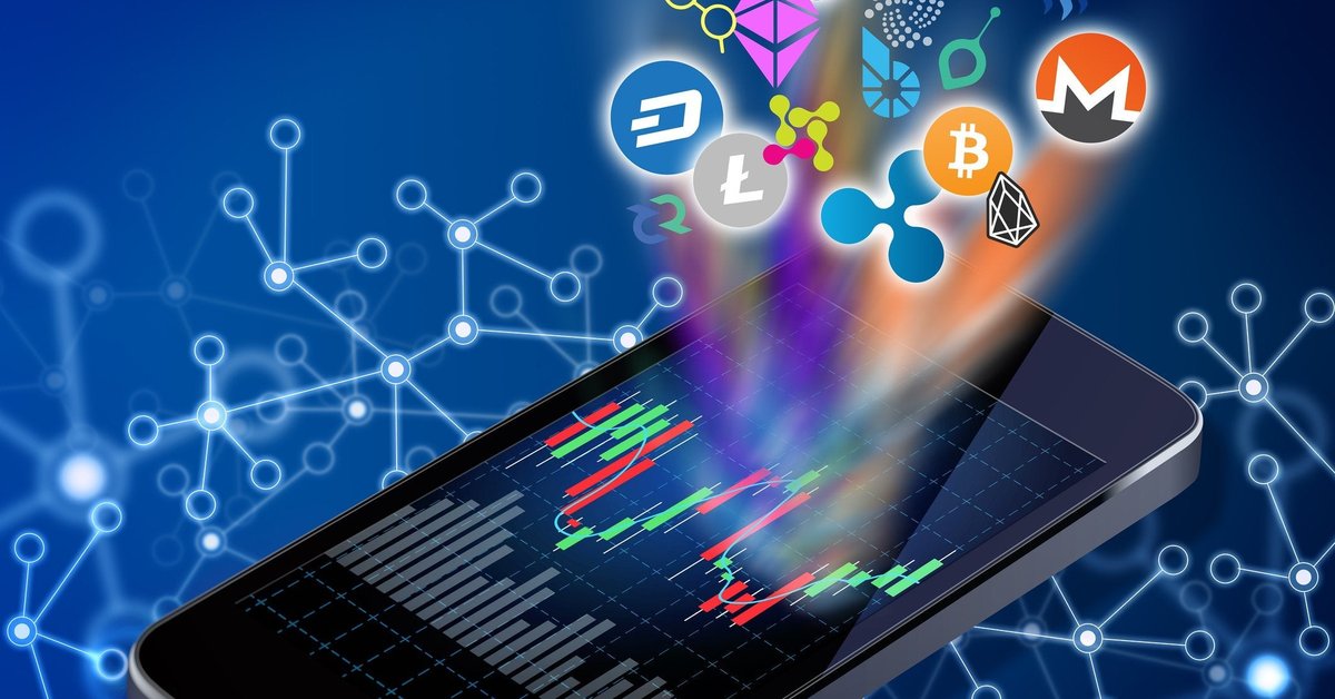 Multiple cryptocurrency logos emerging from a smartphone screen.
