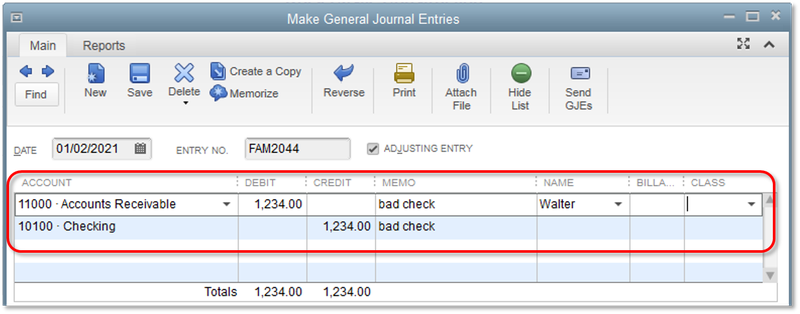General journal entry option in QuickBooks Desktop with a journal entry for an NSF check.