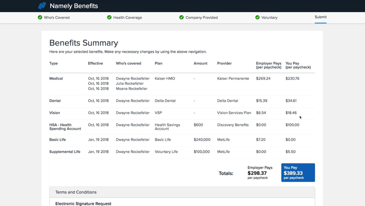 Screenshot of Namely’s benefits deductions page, including medical, dental, basic life, and other line items.