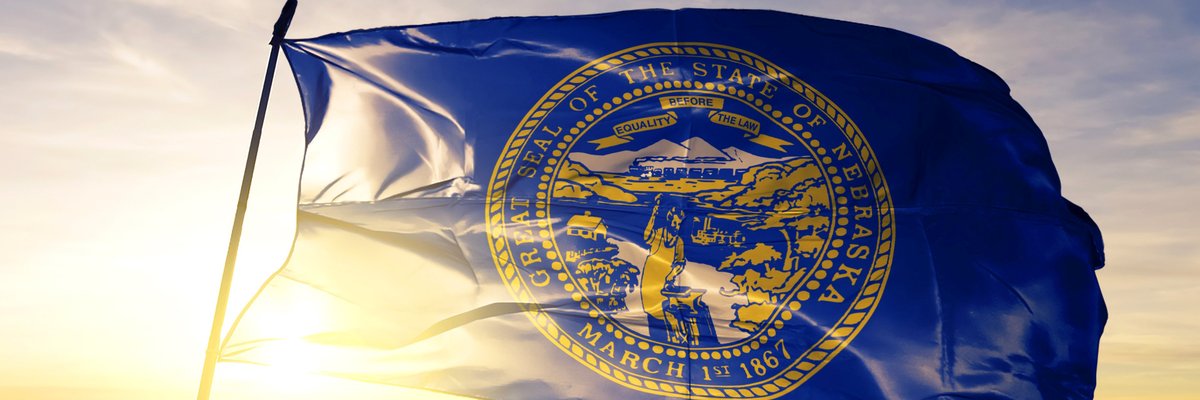The Nebraska state flag flying in front of a sunny sky.