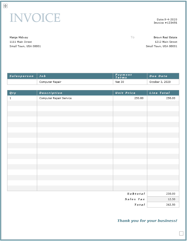 A sample invoice with credit terms and due date included.