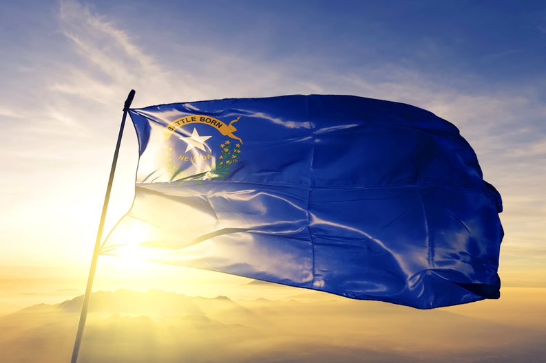 The state flag of Nevada flying in front of a sunny sky.