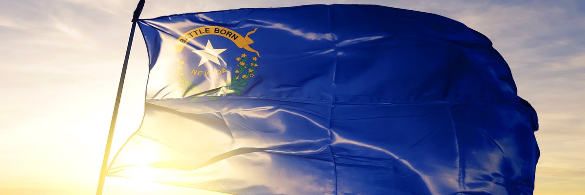 The state flag of Nevada flying in front of a sunny sky.