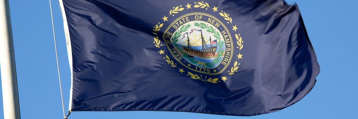 The New Hampshire state flag fluttering in front of a blue sky.