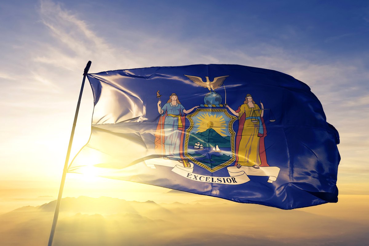 The New York state flag flying in front of a bright sun.