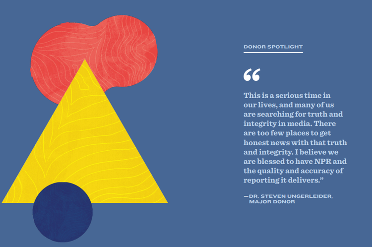 A page from NPR’s 2019 annual report showing a donor quote and abstract graphics.