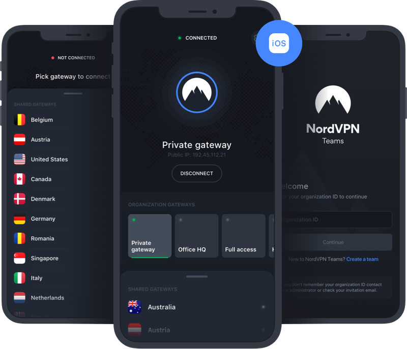 Multiple iOS mobile app screens display different user options in NordVPN.