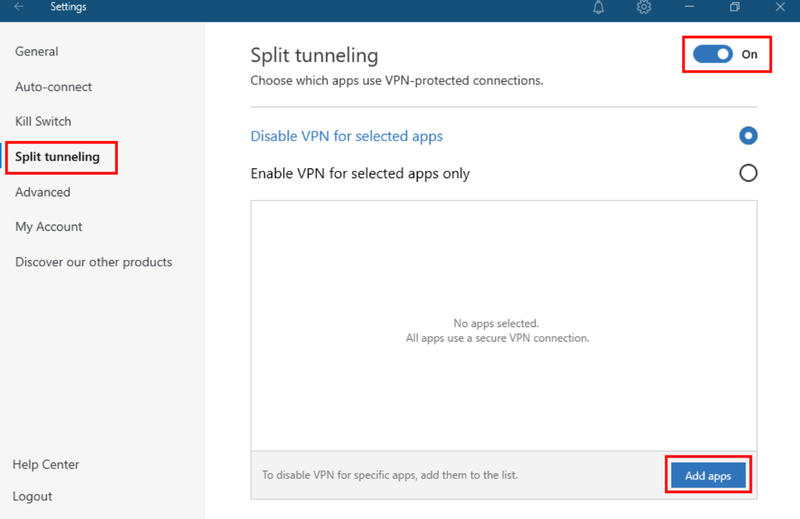 NordVPN’s split tunneling settings screen with options to enable or disable your VPN.