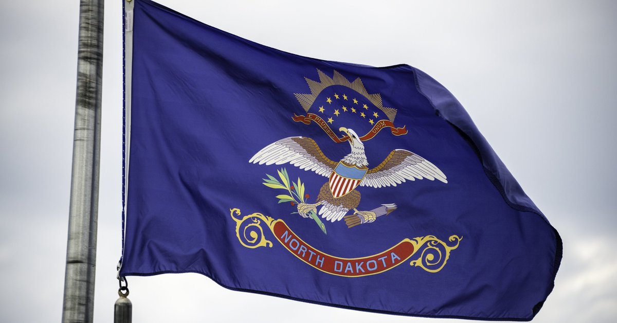The North Dakota state flag flying on a flagpole.