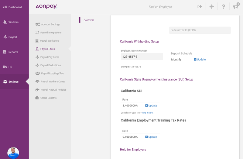 OnPay tax withholding form with fields for employee number, deposit schedule, state, and tax rate