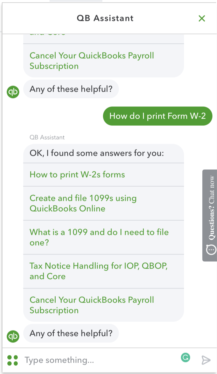 A screenshot of the QuickBooks Online Payroll automated chat window sharing a link when printing a W-2 form.